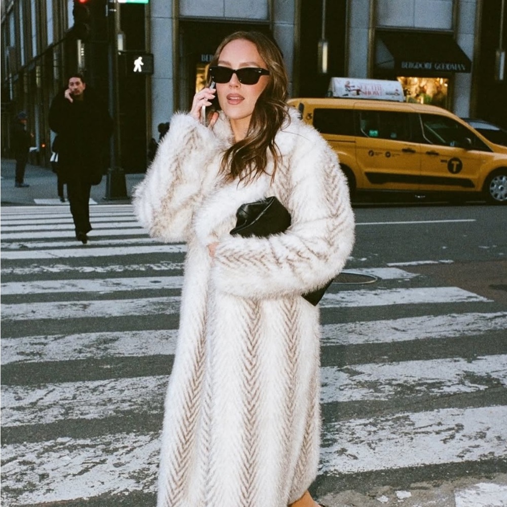 Cream Faux Fur Long Coat with Chevron Texture